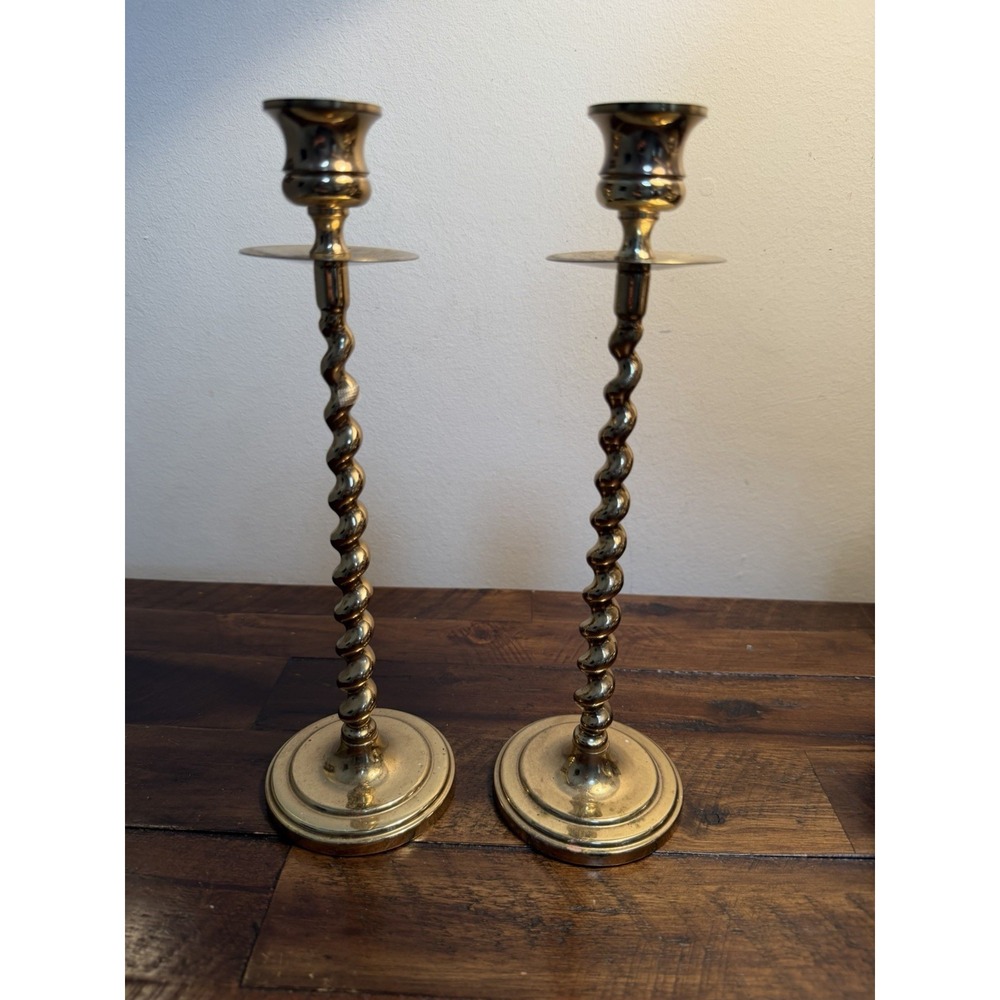 VTG Pair Baldwin Barley Twist Brass 10" Tapered Candlestick Holders